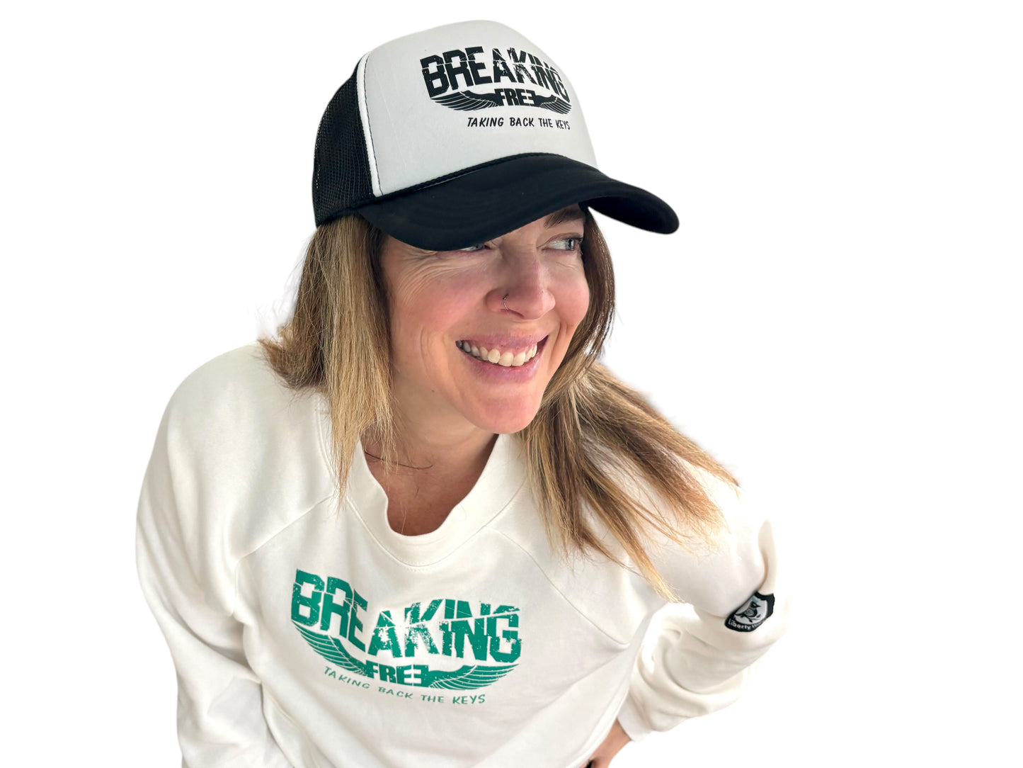 "LIBERTY WARES" BREAKING FREE 5 PANNEL TRUCKER HAT-Curved Brim White/Black