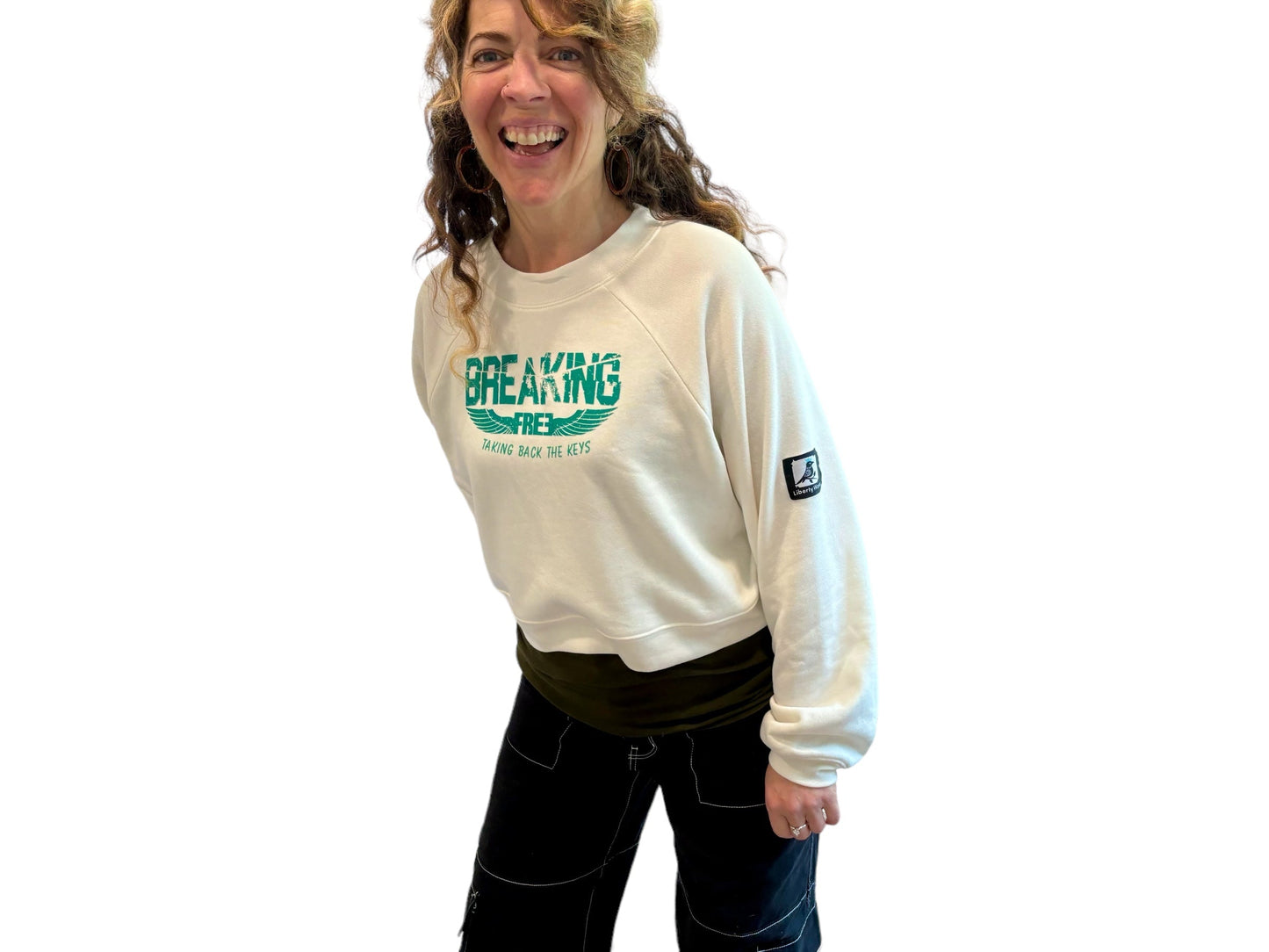 "LIBERTY WARES" BREAKING FREE WOMEN'S REGLAN FLEECE SWEATSHIRT Vintage White Apliiq