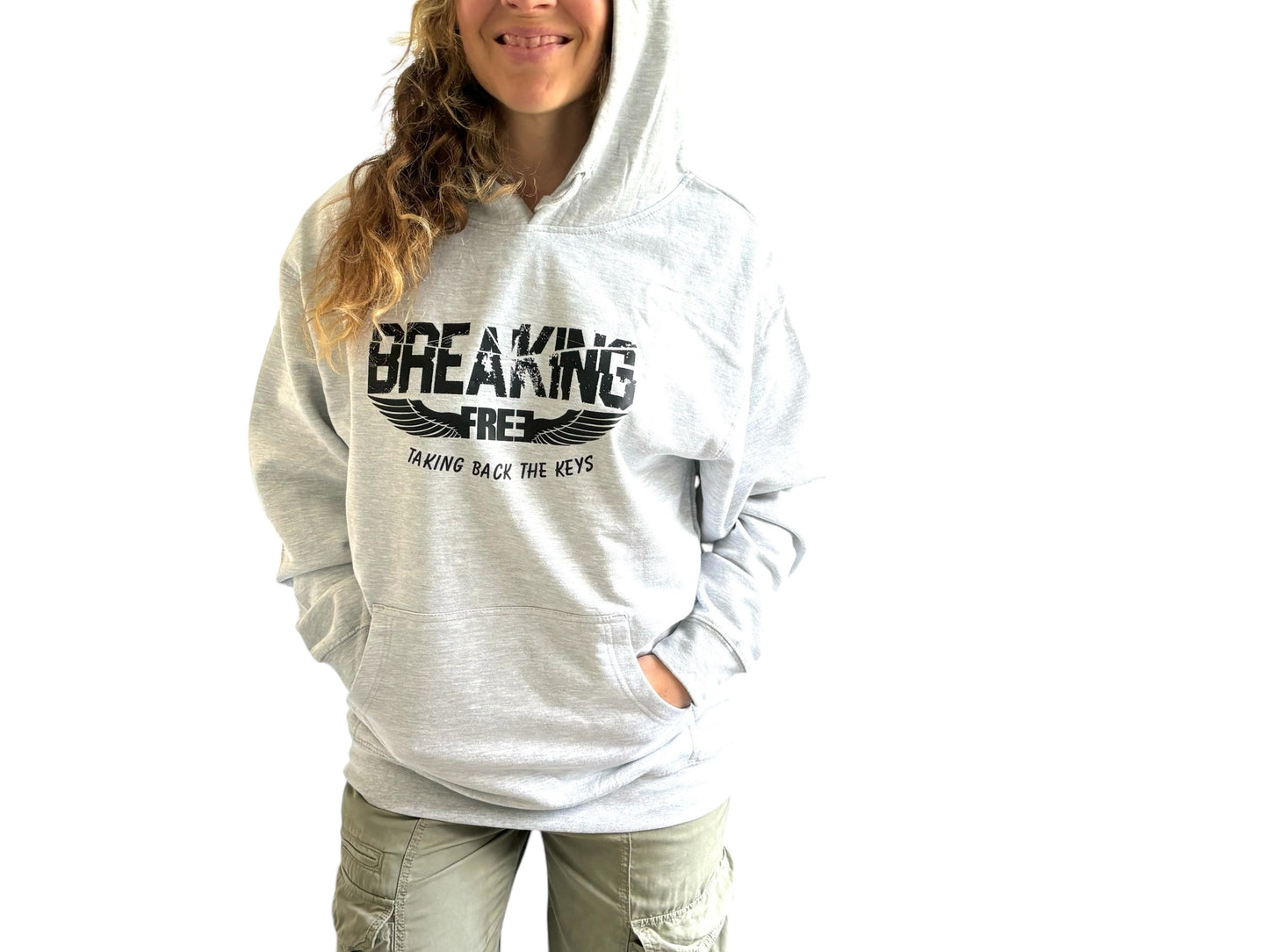 "LIBERTY WARES" BREAKING FREE-TAKING BACK THE KEYS UNISEX MID WEIGHT HOODIE Heather Grey