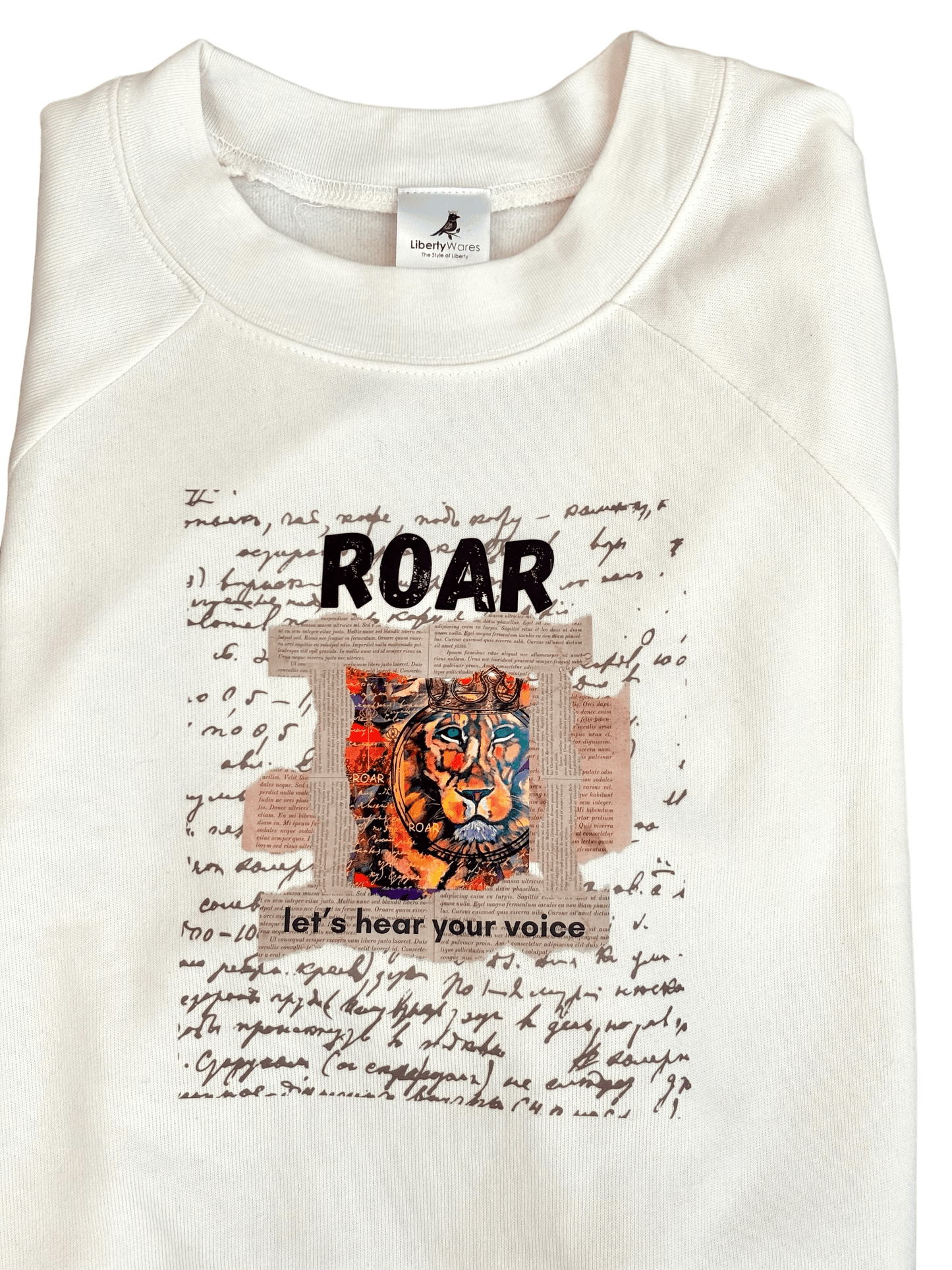 "LIBERTY WARES" VINATAGE ROAR WOMANS REGLAN FLEECE SWEATSHIRT Vintage White