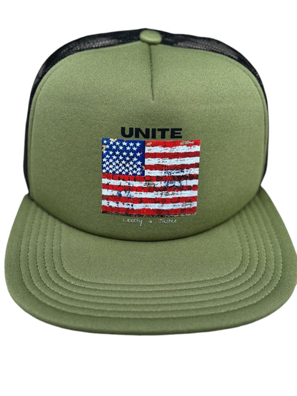"LIBERTY WARES" UNITE Flag UNISEX TRUCKER HAT Army Green Apliiq