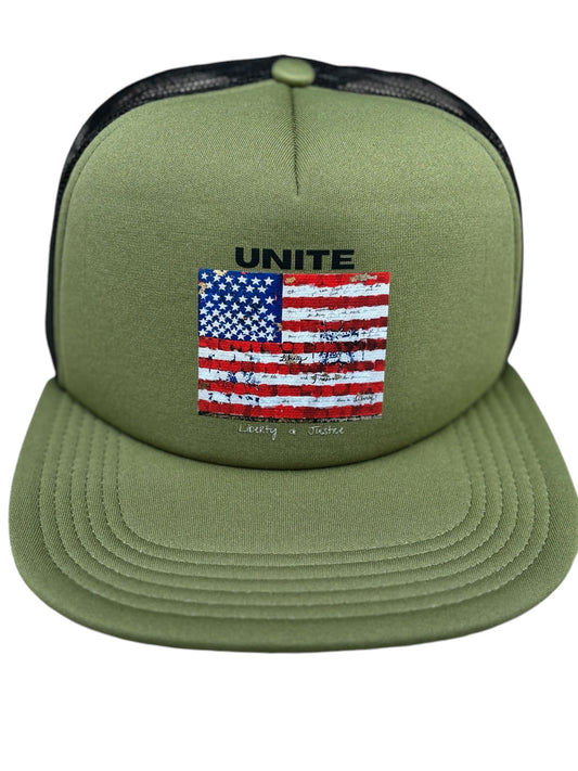"LIBERTY WARES" UNITE Flag UNISEX TRUCKER HAT Army Green Apliiq