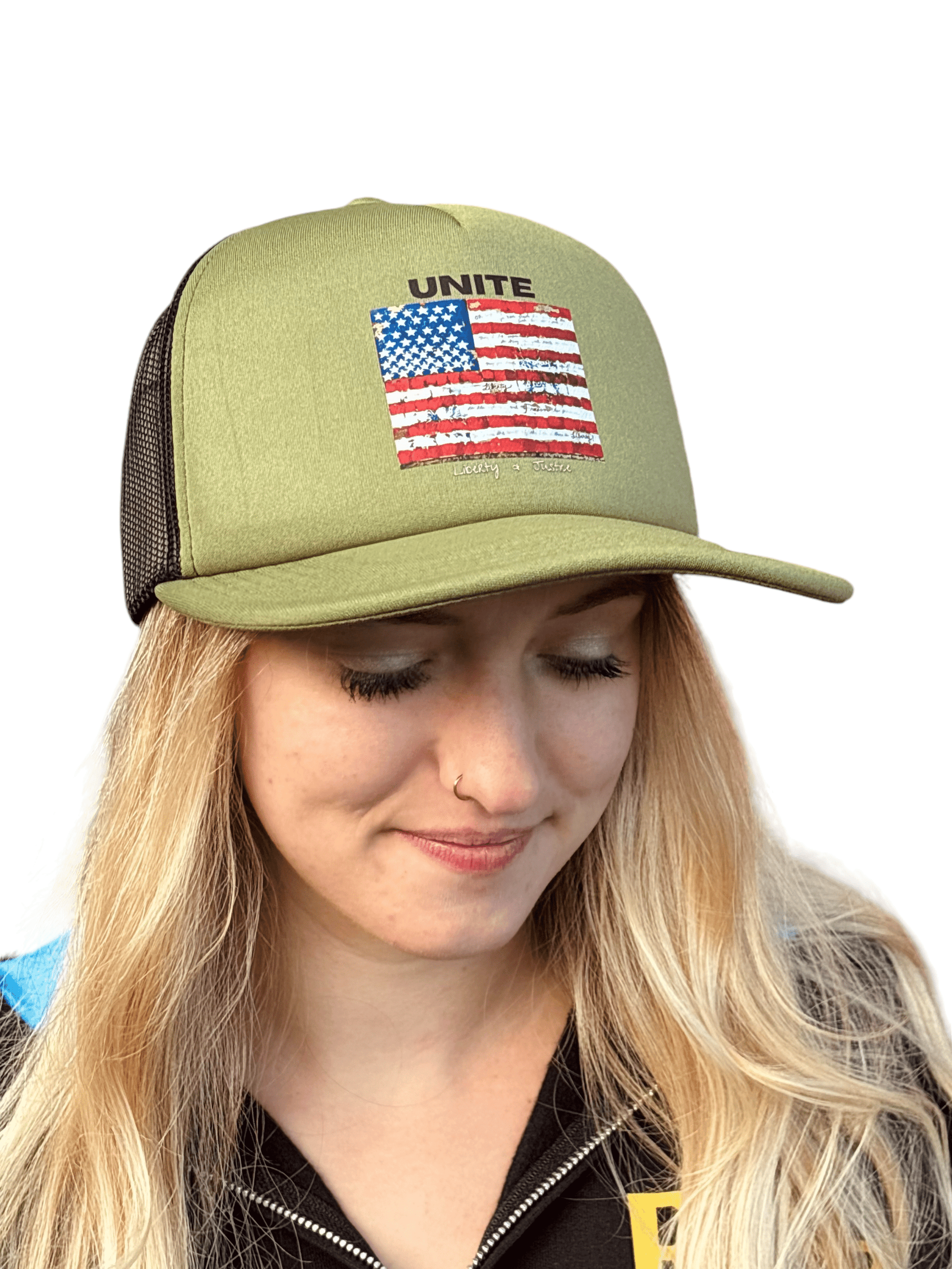 "LIBERTY WARES" UNITE Flag UNISEX TRUCKER HAT Army Green Apliiq
