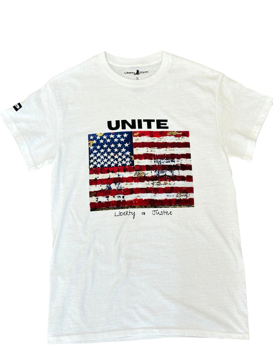 "LIBERTY WARES" UNITE Flag UNISEX TEE  White Apliiq