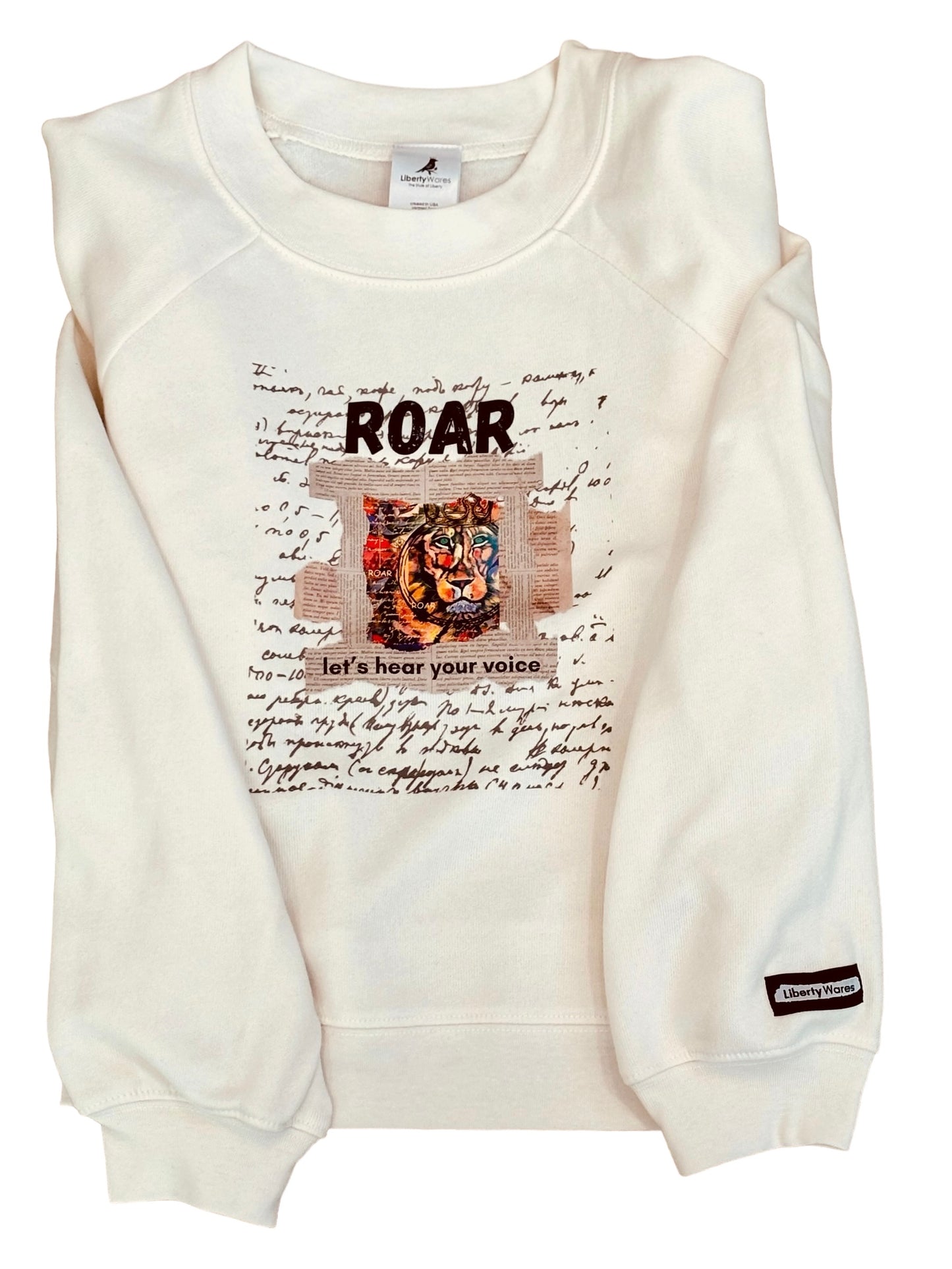 "LIBERTY WARES" VINATAGE ROAR WOMANS REGLAN FLEECE SWEATSHIRT Vintage White